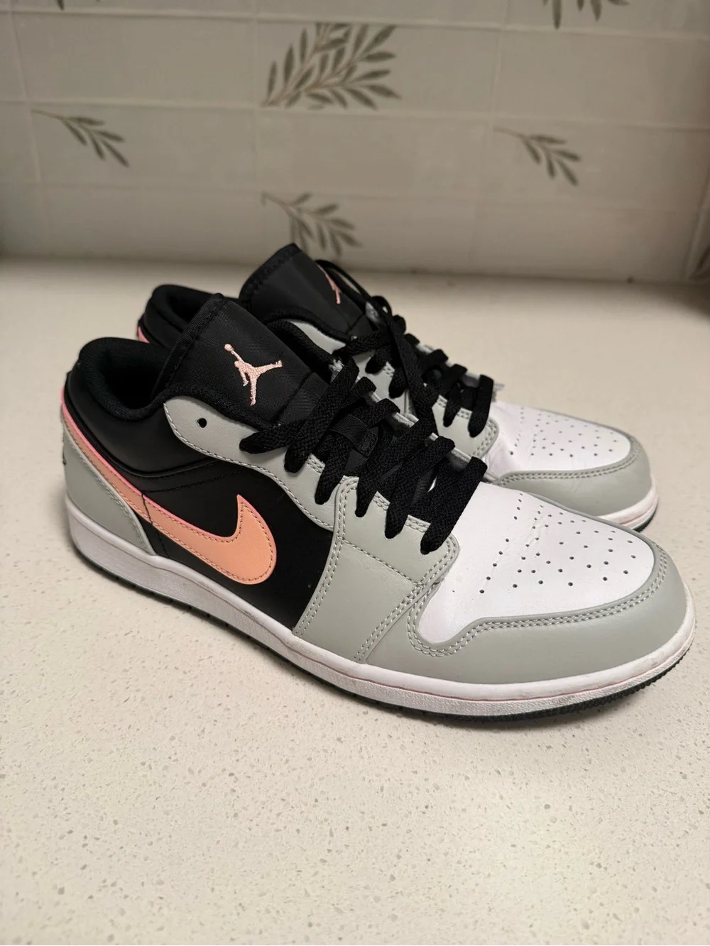 Jordan 1 Low Top Sneakers in Black, White & Peach